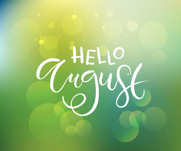 Testo hello august abbozzato a mano come badge logo e icona hello august cartolina invito