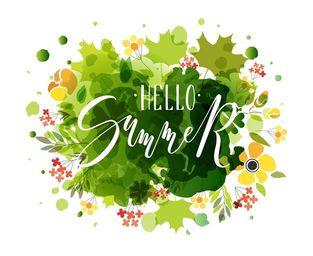 로고형 배지 및 아이콘 Hello Summer 엽서 카드 초대장으로 Hello Summer 텍스트를 손으로 스케치했습니다.