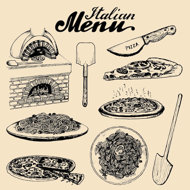 Vector hand sketched italian menu vector set of drawn mediterranean food elements with lettering in ink style