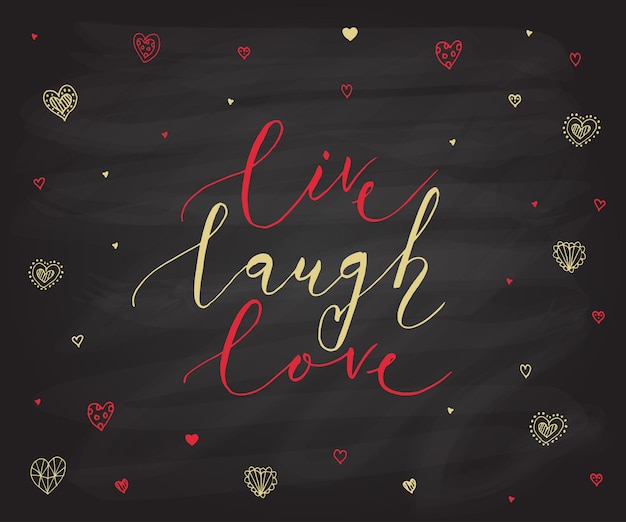 Disegnato a mano live laugh love testo come badgeicon san valentino cartolina d'invito romantica