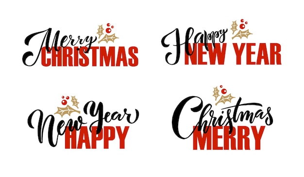 Hand sketched logotype badge icon typography set for Christmas New Year holiday season Lettering