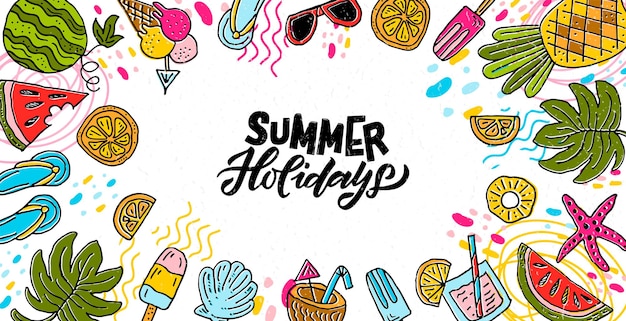 Hand sketched summer holidays banner Ice cream sun beach sea watermelon cocktail Concept logo