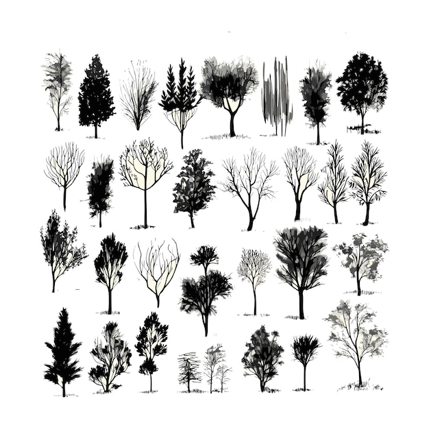 Vector hand sketched tree plant silhouette