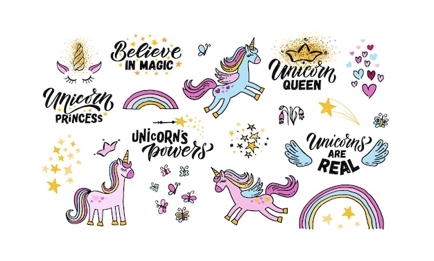 Hand sketched unicorns set vector illustration with lettering typography quotes motivational