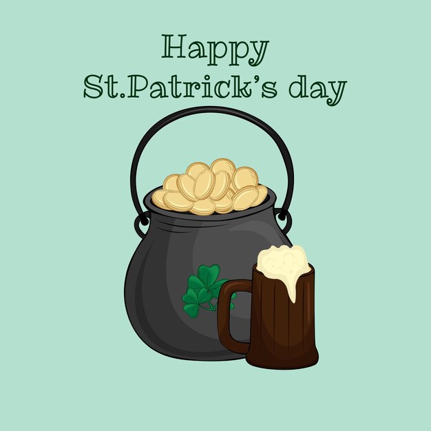 Hand sketched Vector illustration of Happy Saint Patricks Day Illusatration with a mug of beer and a pot of gold