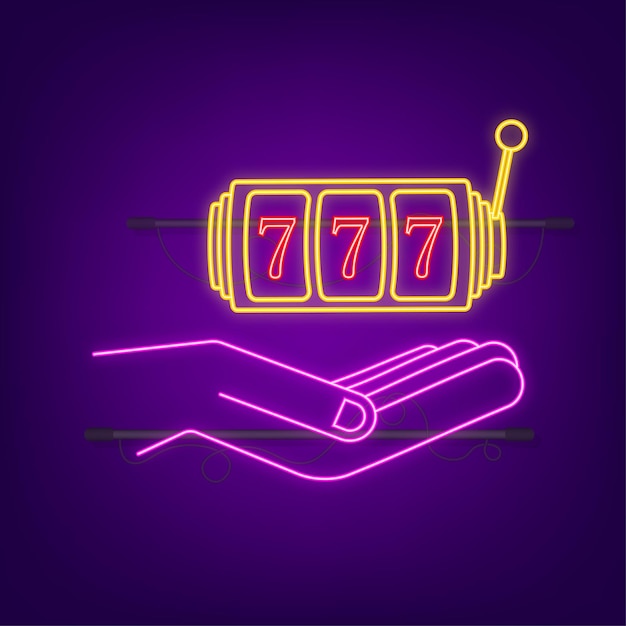 Hand and Slot machine with lucky sevens jackpot neon icon Vector stock illustration