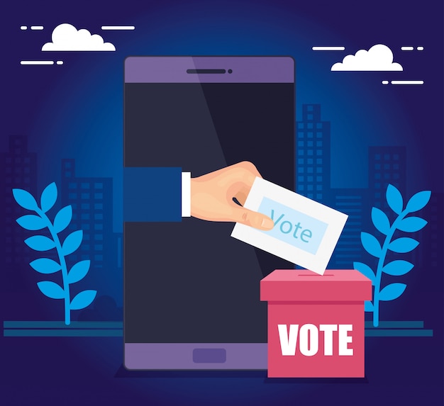 Hand and smartphone for vote online with ballot box