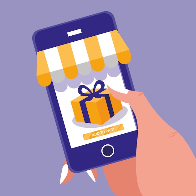 Hand and smartphone with shopping online