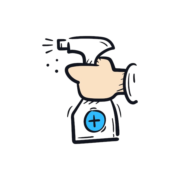 Hand spraying disinfection bottle liquid cleaning hand drawn icon drawing vector illustration