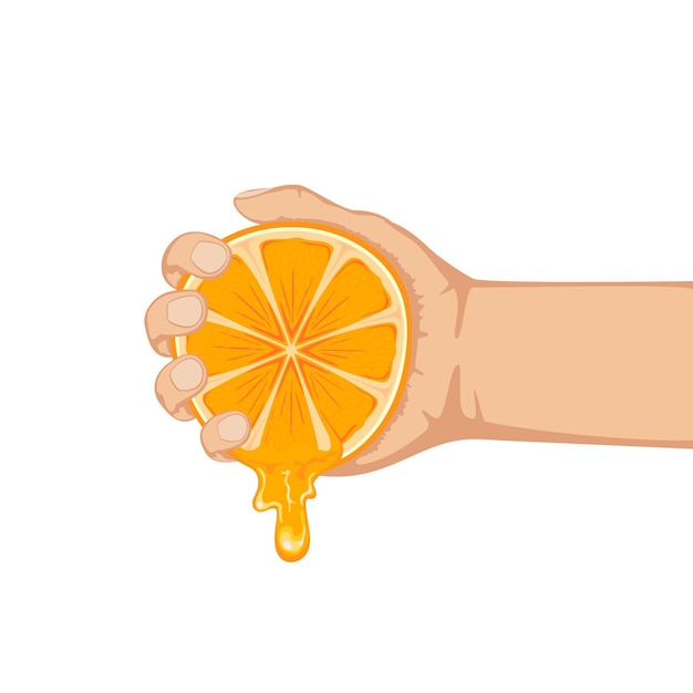 Hand squeezes fresh ripe orange isolated on white background illustration