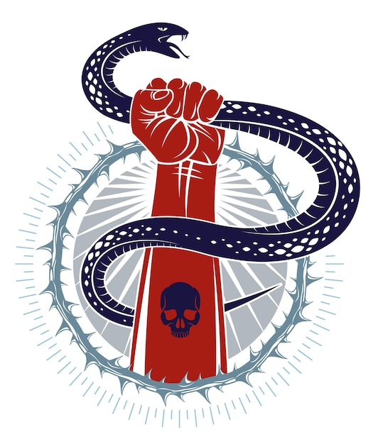 Vector hand squeezes a snake, fight against evil devil and satan, control your inner beast animal, archetype shadow, life is a fight concept, vintage vector logo or tattoo.