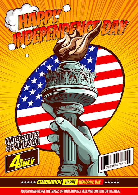 Mano della statua della libertà, festa dell'indipendenza, modello di copertina del libro di fumetti su sfondo giallo.