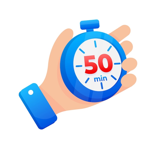 Hand stevig vasthouden aan een blauwe stopwatch ingesteld op 50 minuten met een prominente rode hoogtepunt op de timer