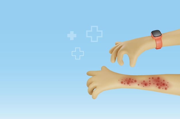 Hand suffering from raches red blisters skin diseases chicken pox monkey pox orthopox virus outbreak medical and dermatitis skin care vector 3d cartoon character