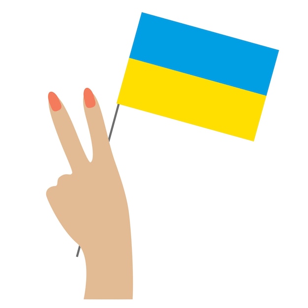 Hand symbol of peace holds the flag of Ukraine on a white background no war support for Ukraine