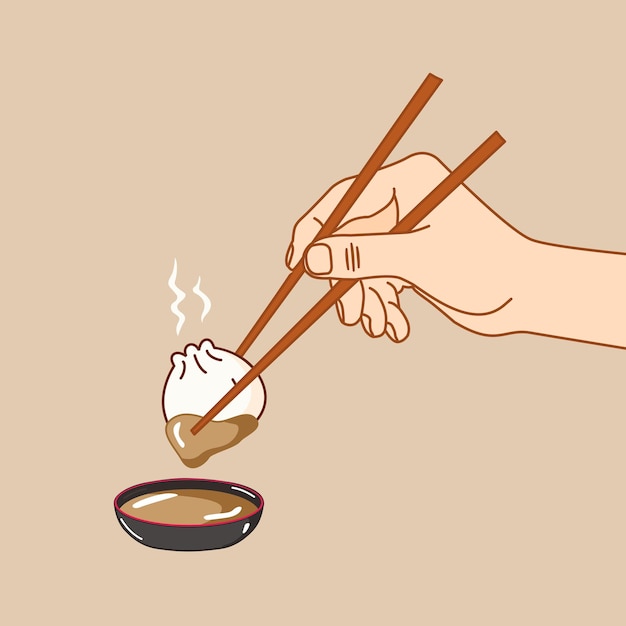 Hand take hot dumpling using chopstick illustration flat design