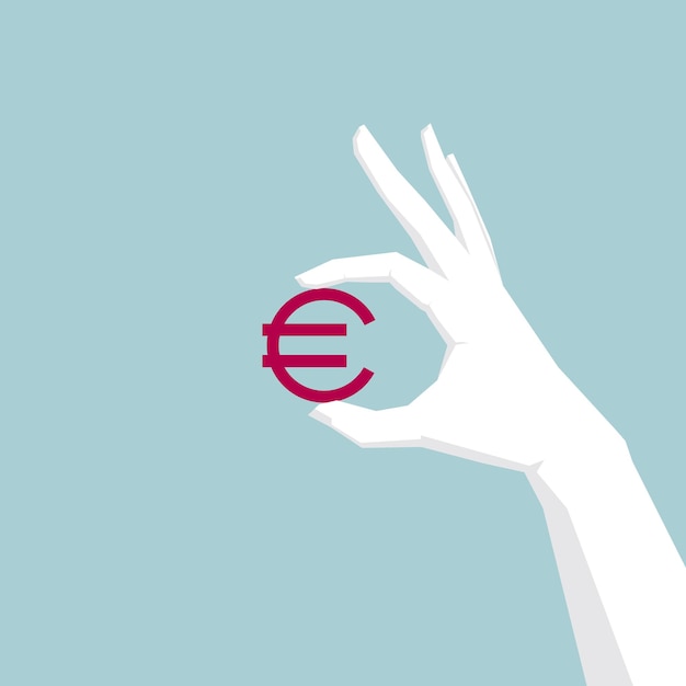 Hand takes the euro symbol, the euro is red, the hand is white.