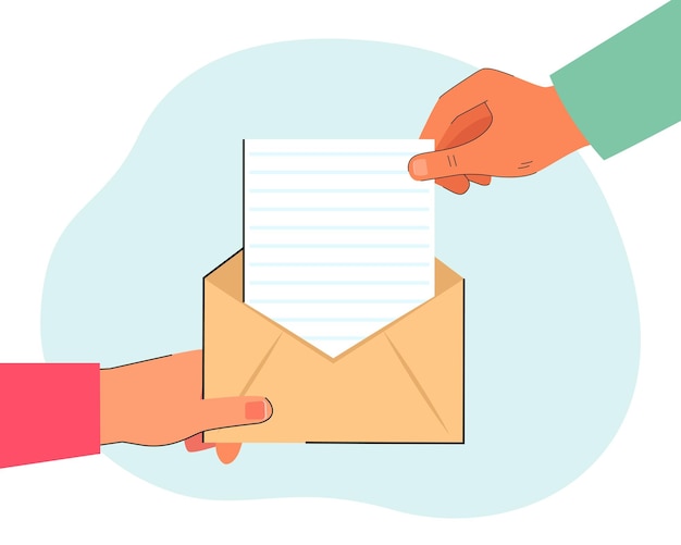 Vector hand taking letter out of envelope flat vector illustration. person receiving correspondence. mail, message, post concept for banner, website design or landing web page