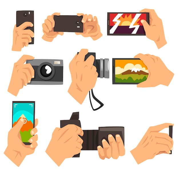 Hand taking pictures with smartphone and camera set vector Illustrations isolated on a white background