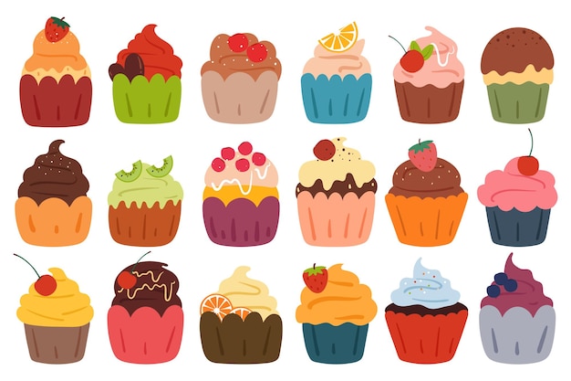 hand tekenen cartoon cupcake sticker set