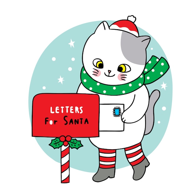 Vector hand tekenen cartoon schattig vrolijk kerstfeest, kat en brief in mailbox