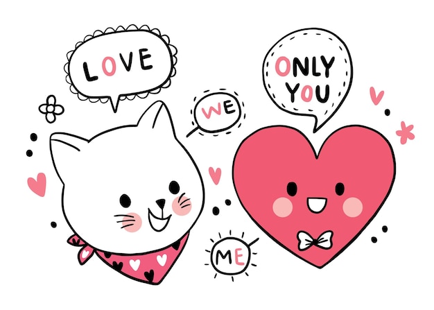 Hand tekenen cartoon schattige Valentijnsdag, kat en groot hart