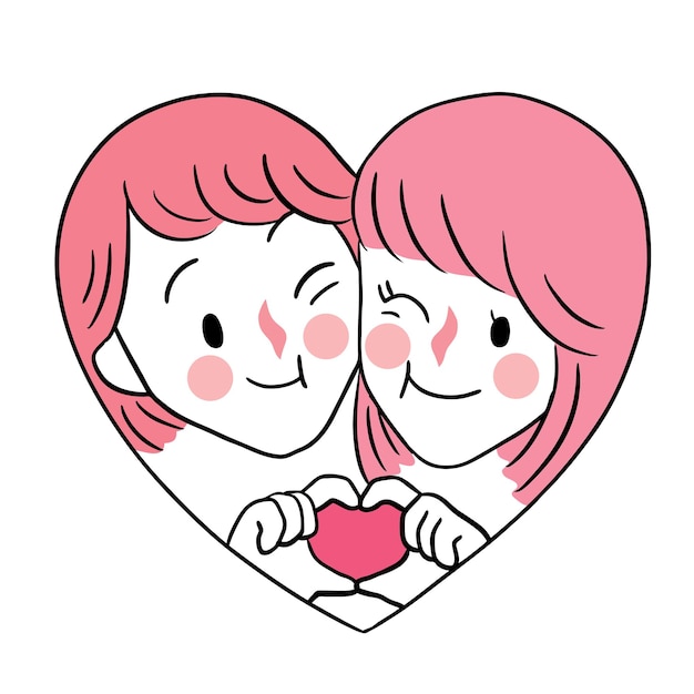 Hand tekenen cartoon schattige Valentijnsdag, paar in hart frame