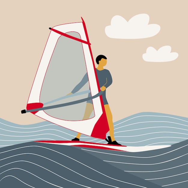 Vector hand tekenen illustratie man op windsurf watersporten rijden op golven zomervakantie