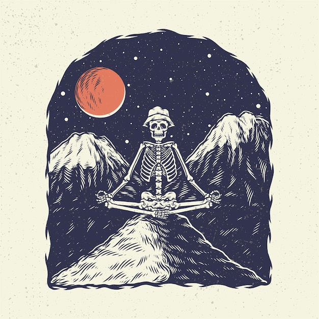 Hand tekenen illustratie skeleton schedel, het concept van skelet yoga met achtergrond berg de nacht.