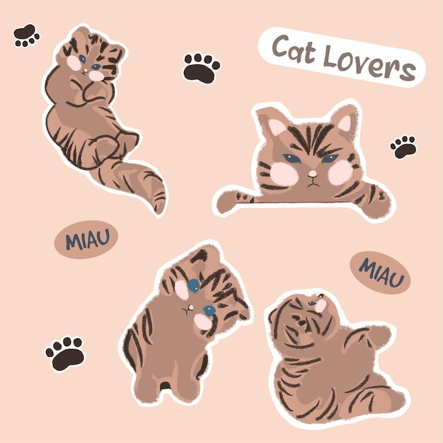 hand tekenen krijt schattige kat pictogram vector illustratie stickers