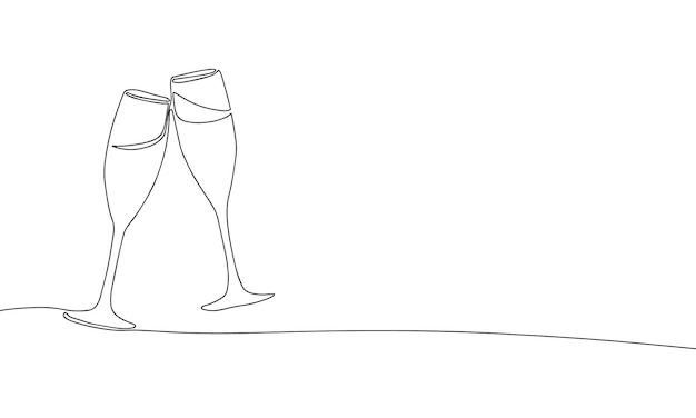 Hand tekenen lijntekeningen twee glas champagne, één gaat door lijn vectorillustratie.