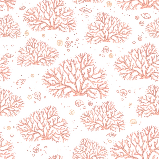 Hand tekenen naadloze patroon van levend koraal geïsoleerd op een witte achtergrond. Kleurrijke achtergrond voor het ontwerp en de decoratie van stoffen, behangpapier, huishoudtextiel, verpakkingen en oppervlakken.