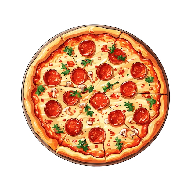 Hand tekenen pizza met verschillende ingrediënten in cartoon stijl hele en gehakte pizza pictogram vector illust
