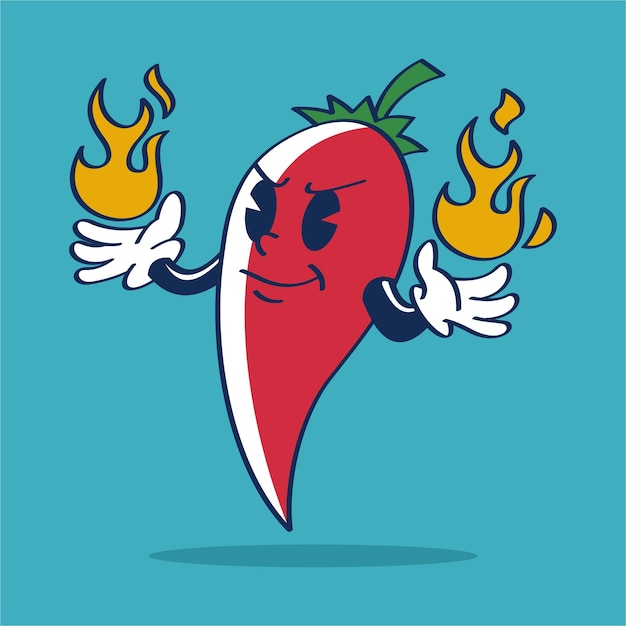 Hand tekenen Red Hot Chili Pepper stripfiguur omgaan met brand Vintage stijl