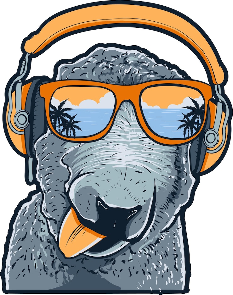 Vector hand tekenen schapen met een koptelefoon en een bril