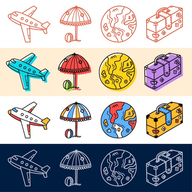 Hand tekenen vliegtuig reizen, aarde pictogrammenset in doodle stijl voor uw ontwerp.