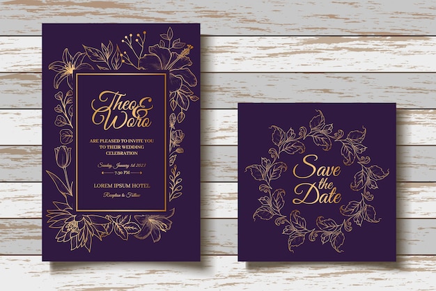 Hand tekening gouden bloemen bruiloft uitnodigingskaart set