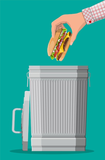 Hand throwing away burger to trash bin