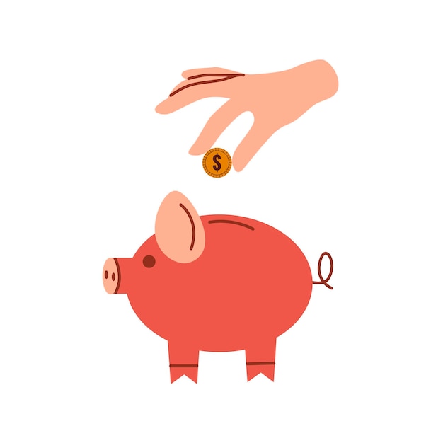 Hand throws coin into piggy bank Arm with coin Business and finance concept Flat vector illustration Flat vector illustration