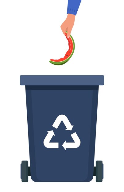 Hand throws watermelon rind into the black Bin with recycling symbol for organic waste