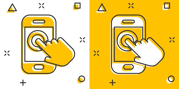 Ручной сенсорный значок смартфона в комическом стиле телефонный палец векторная иллюстрация на белом изолированном фоне курсорный сенсорный экран бизнес-концепция эффект всплеска