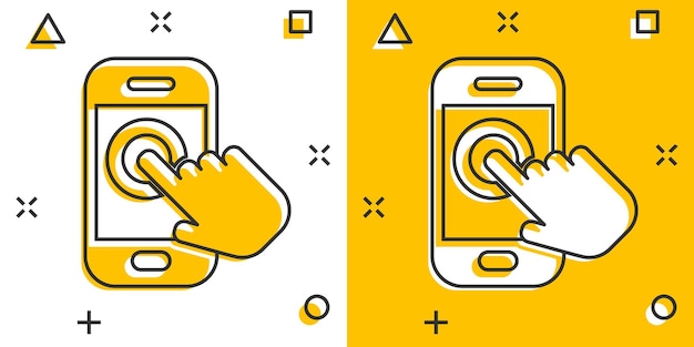 Hand touch smartphone pictogram in komische stijl telefoon vinger cartoon vectorillustratie op witte geïsoleerde achtergrond cursor touchscreen bedrijfsconcept splash effect