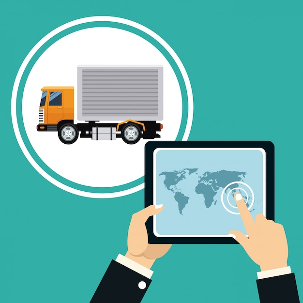 Vettore concetto di consegna di trasporto del camion del programma della mappa di tocco della mano