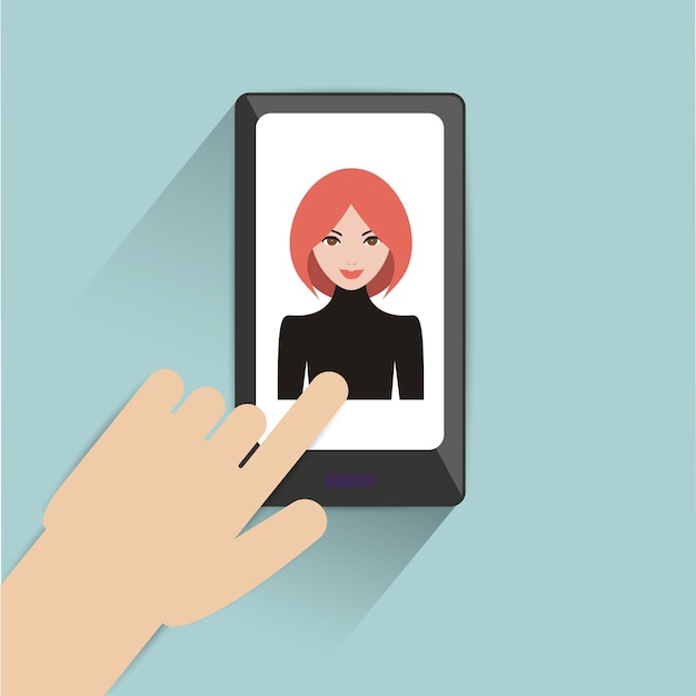 Hand touching phone with woman picture Vector