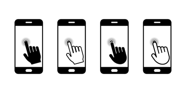 Hand touchscreen smartphone vector pictogram. Set met smartphone met handaanraakscherm voor mobiele app.