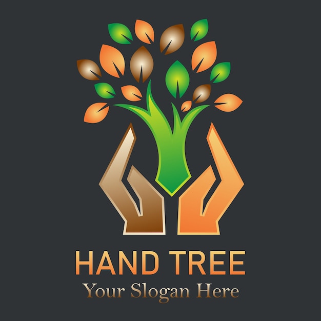 Hand tree logo design vector on gray background