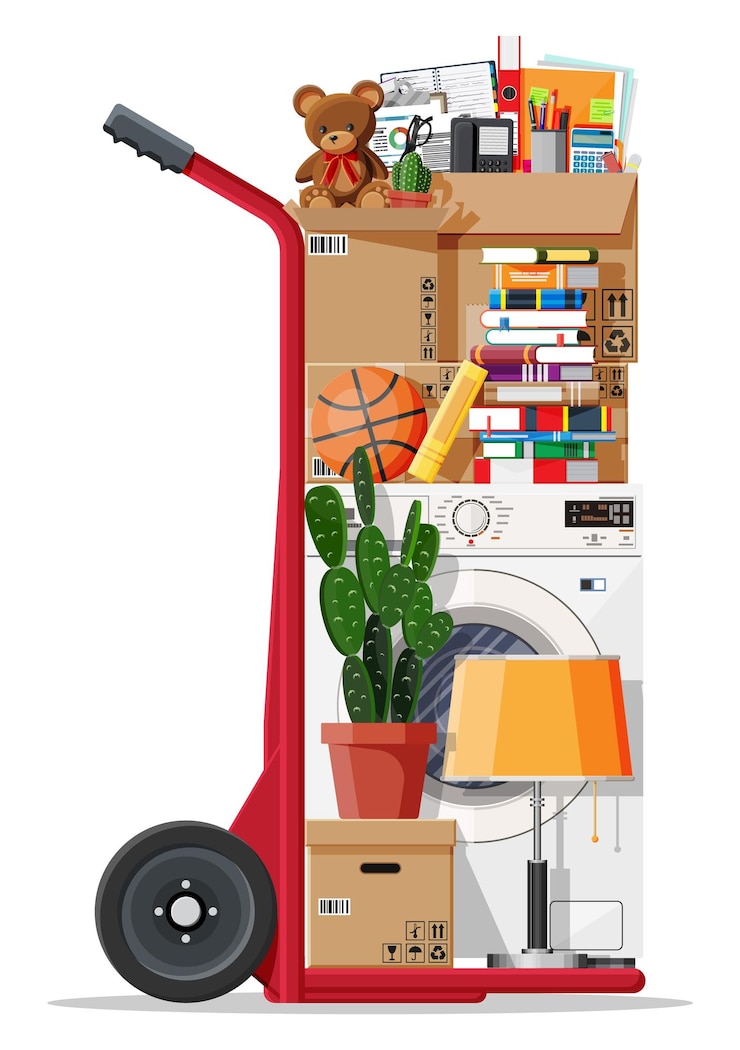 Vector hand truck and package for transportation moving to new house family relocated to new home paper cardboard boxes with various household thing vector illustration in flat style