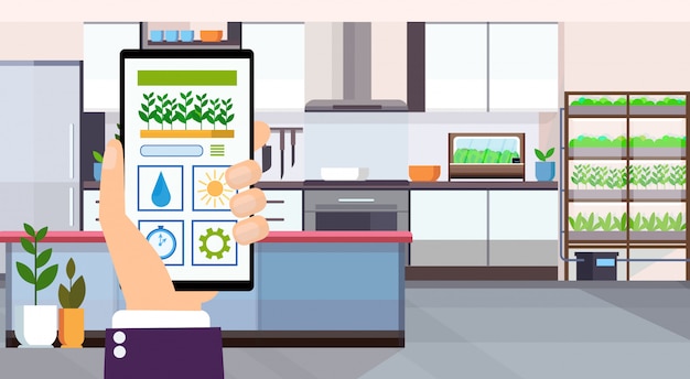 Mano utilizzando il controllo domestico intelligente applicazione mobile online irrigazione automatica piante cura concetto casa moderna cucina appartamento orizzontale interno