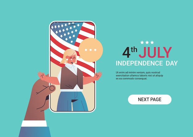 Hand using smartphone chatting with girl during video call celebrating american independence day, 4th of july horizontal banner