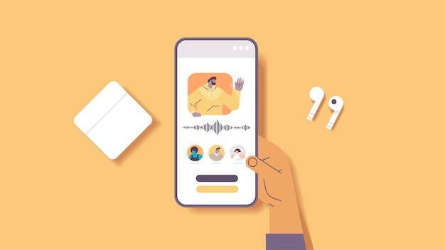 Mano utilizzando smartphone comunicare in messaggistica istantanea tramite messaggi vocali applicazione chat audio social media concetto di comunicazione online illustrazione vettoriale orizzontale